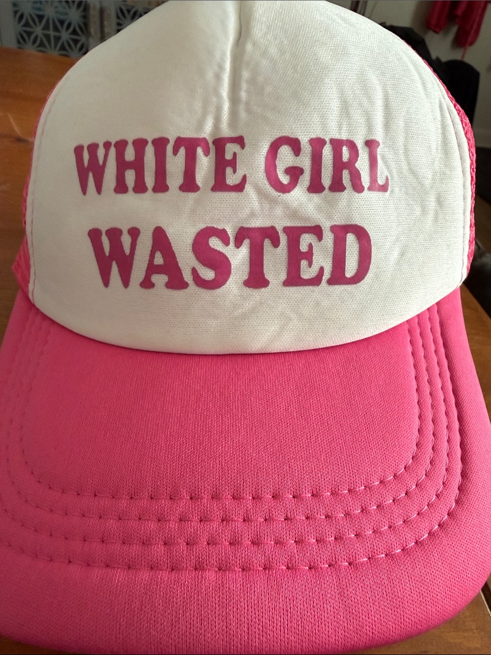 Pink and White Trucker Hat with 'White Girl Wasted' Slogan